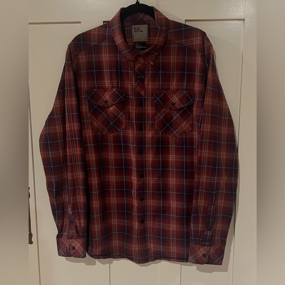 5.11 Tactical Red Plaid Snap Long Sleeve Shirt +Tee Snap Closure Mens Size Large